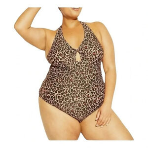 Kona Sol‎ Leopard Animal Print Halter One Piece Swimsuit Women's Plus Size 18W